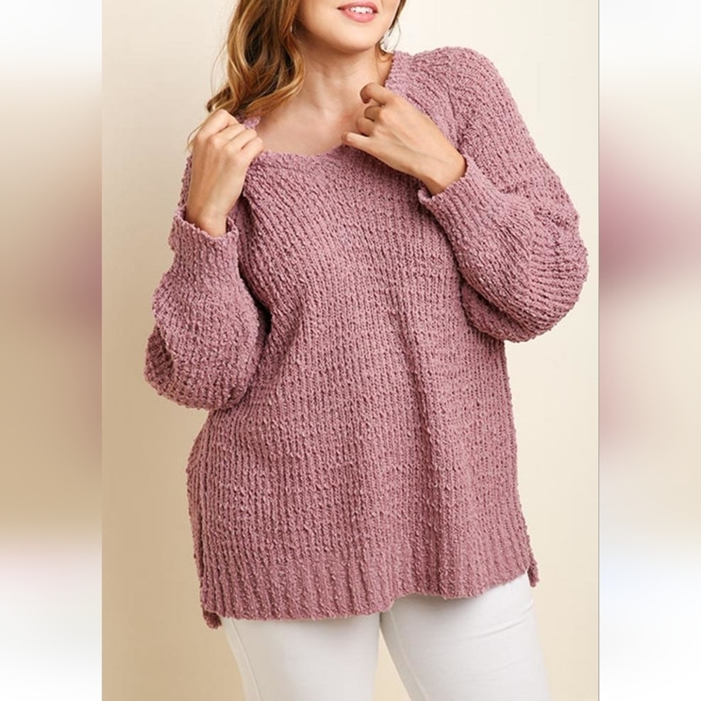 Umgee Mauve Pink‎ Knit Oversized Sweater Side Split Small